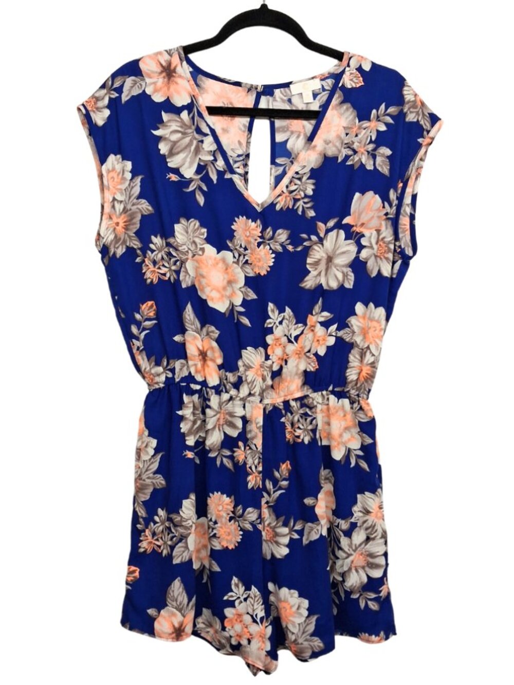 C Floral Romper Blue Coral Orange Print Sleeveless Summer Boho Medium